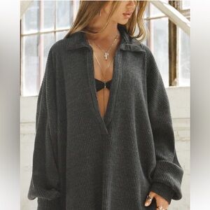 Joah Brown Oversized Deep V Charcoal Knit Sweater